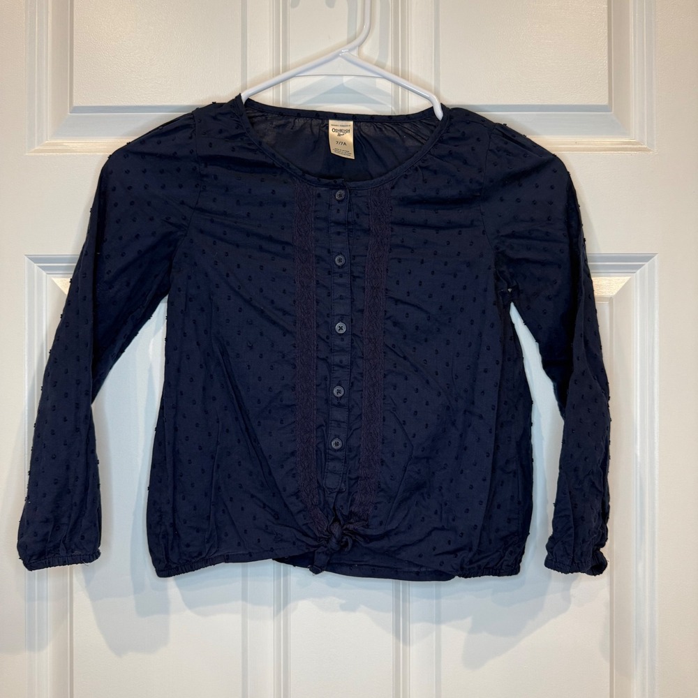 Oshkosh B'gosh Girls Navy Blue Swiss Dot Tie Front Long Sleeve Shirt Size 7/7A - Picture 1 of 5